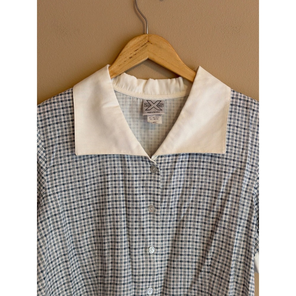 Vintage Blue White Plaid Button Up Blouse Camp Collar Short‎ Sleeve Large USA - Picture 2 of 9